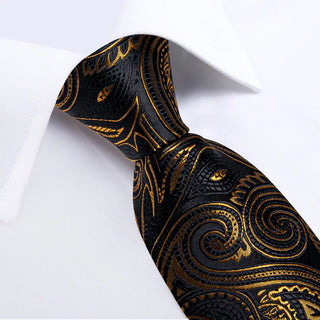 Black Golden Floral Silk Necktie Pocket Square Cufflinks Set