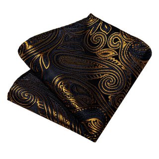 Black Golden Floral Silk Necktie Pocket Square Cufflinks Set