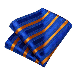 New Blue Orange Striped Silk Necktie Pocket Square Cufflinks Set