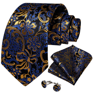 New Black Blue Golden Floral Silk Necktie Pocket Square Cufflinks Set