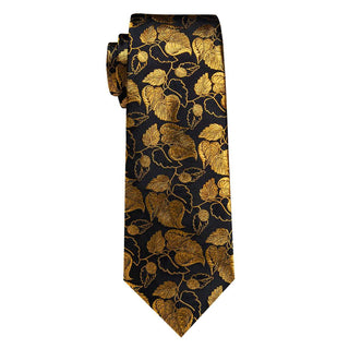Black Gold Floral Leaf Silk Necktie Pocket Square Cufflinks Set