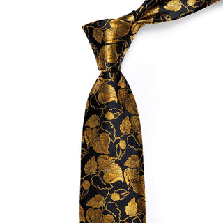 Black Gold Floral Leaf Silk Necktie Pocket Square Cufflinks Set