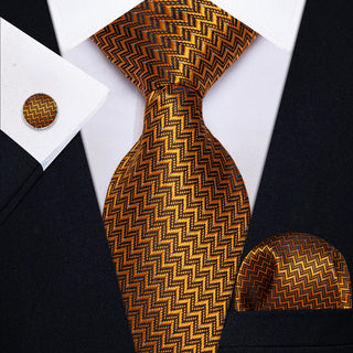 Gold Black Novelty Woven Silk Necktie Pocket Square Cufflinks Set