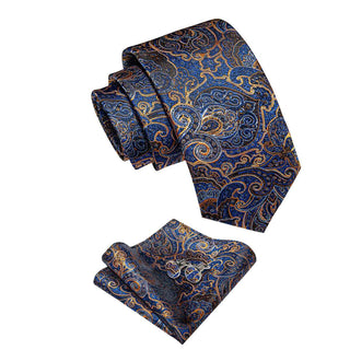 Blue Gold Paisley Silk Necktie Pocket Square Cufflinks Set