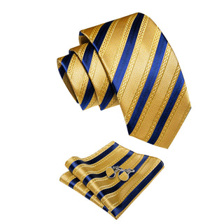 Gold Yellow Navy Striped Silk Necktie Pocket Square Cufflinks Set