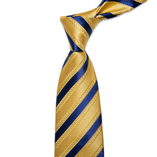 Gold Yellow Navy Striped Silk Necktie Pocket Square Cufflinks Set