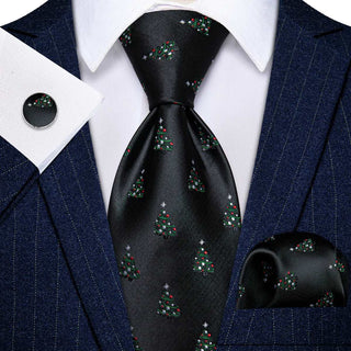 Black Christmas Tree Silk Necktie Pocket Square Cufflinks Set