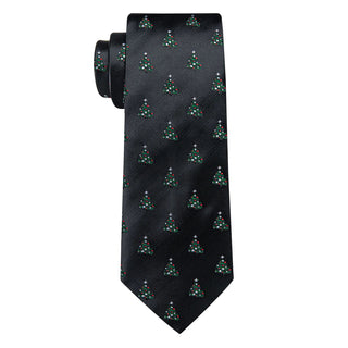 Black Christmas Tree Silk Necktie Pocket Square Cufflinks Set