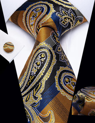 New Golden Blue Pattern Novelty Silk Necktie Pocket Square Cufflinks Set