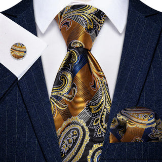 New Golden Blue Pattern Novelty Silk Necktie Pocket Square Cufflinks Set