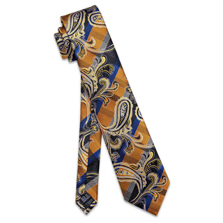 New Golden Blue Pattern Novelty Silk Necktie Pocket Square Cufflinks Set