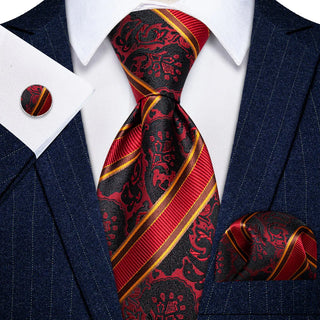 Red Burgundy Yellow Jacquard Striped Silk Necktie Pocket Square Cufflinks Set