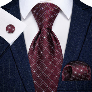 Burgundy Plaid Silk Necktie Pocket Square Cufflinks Set