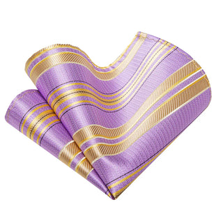 Lavender Yellow Striped Silk Necktie Pocket Square Cufflinks Set