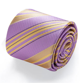 Lavender Yellow Striped Silk Necktie Pocket Square Cufflinks Set