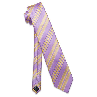 Lavender Yellow Striped Silk Necktie Pocket Square Cufflinks Set