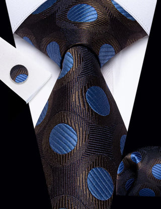 Brown Blue Dots Silk Necktie Pocket Square Cufflinks Set