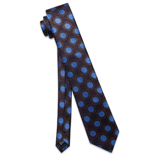 Brown Blue Dots Silk Necktie Pocket Square Cufflinks Set
