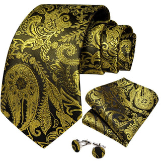 Golden Paisley Silk Necktie Pocket Square Cufflinks Set
