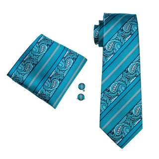 Cyan Paisley Silk Necktie Pocket Square Cufflinks Set