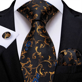 Black Golden Floral Silk Necktie Pocket Square Cufflinks Set