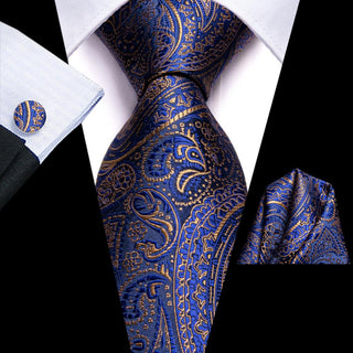 New Gold Navy Blue Paisley Silk Men's Necktie Pocket Square Cufflinks Set