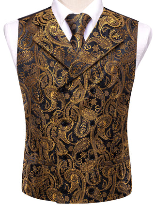 New Black Golden Paisley Jacquard Silk Vest Pocket Square Cufflinks Tie Set Waistcoat Suit Set