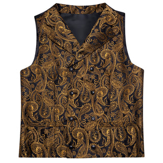 New Black Golden Paisley Jacquard Silk Vest Pocket Square Cufflinks Tie Set Waistcoat Suit Set
