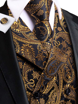 New Black Golden Paisley Jacquard Silk Vest Pocket Square Cufflinks Tie Set Waistcoat Suit Set