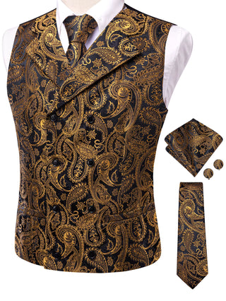 New Black Golden Paisley Jacquard Silk Vest Pocket Square Cufflinks Tie Set Waistcoat Suit Set