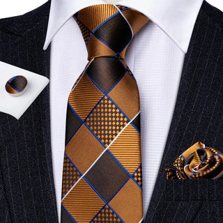 New Brown Black Plaid Silk Necktie Pocket Square Cufflinks Set