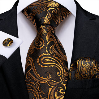 Golden Black Paisley Silk Men's Necktie Pocket Square Cufflinks Set