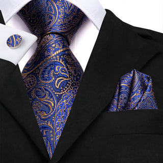 New Gold Navy Blue Paisley Silk Men's Necktie Pocket Square Cufflinks Set