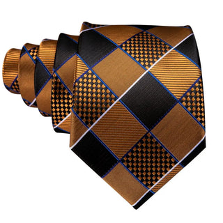 New Brown Black Plaid Silk Necktie Pocket Square Cufflinks Set