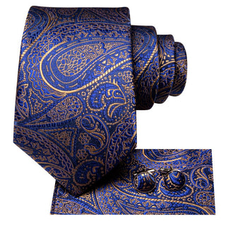 New Gold Navy Blue Paisley Silk Men's Necktie Pocket Square Cufflinks Set