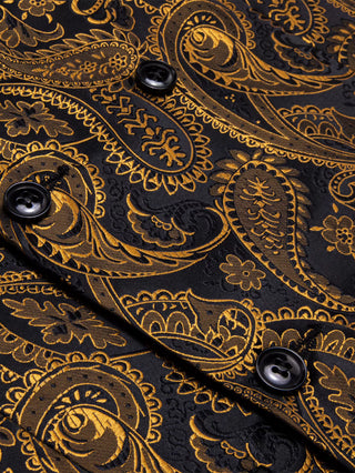 New Black Golden Paisley Jacquard Silk Vest Pocket Square Cufflinks Tie Set Waistcoat Suit Set