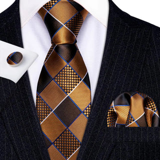 New Brown Black Plaid Silk Necktie Pocket Square Cufflinks Set