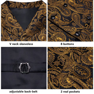 New Black Golden Paisley Jacquard Silk Vest Pocket Square Cufflinks Tie Set Waistcoat Suit Set