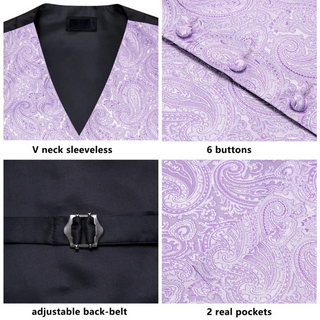 Lilac Purple Paisley Silk Vest Pocket Square Cufflinks Tie Set Waistcoat Suit Set