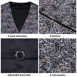 Grey Black Pink Paisley Silk Vest Pocket Square Cufflinks Tie Set Waistcoat Suit Set