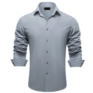 Solid Grey Satin Men's Silk Long Sleeve Shirt