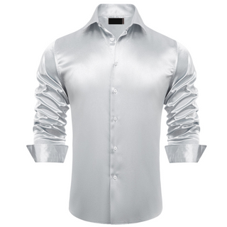 Silver Grey Satin Men's Silk Long Sleeve Shirt