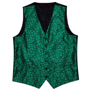Emerald Green Floral Silk Men's Vest Pocket Square Cufflinks Tie Set Waistcoat Set