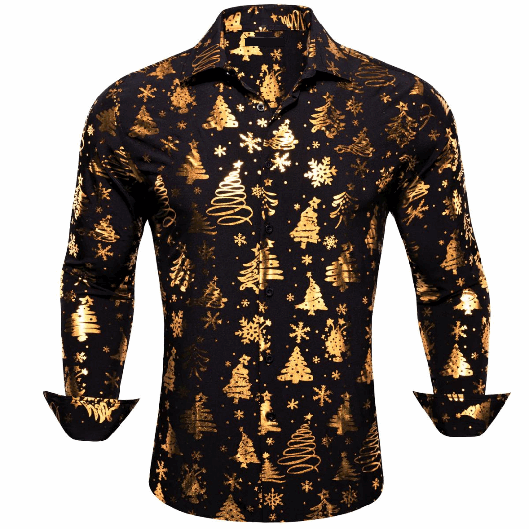 black dress shirt with gold design Button Down Shirt Mens Long Sleeve Black Gold Leaves Golden Classic Fit Up Dress