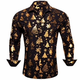 Black Gold Christmas Pattern Silk Long Sleeve Shirt