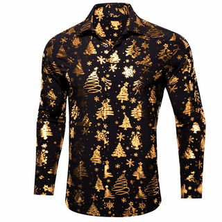 Black Gold Christmas Pattern Silk Long Sleeve Shirt