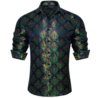 New Blue Green Floral Silk Long Sleeve Shirt