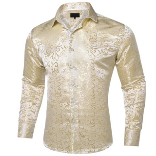 New Champagne Gold Floral Silk Long Sleeve Shirt