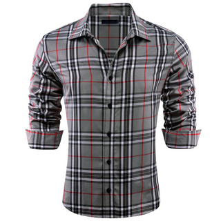 Dark Grey Plaid Silk Long Sleeve Shirt
