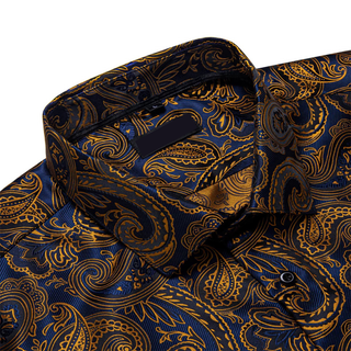 New Blue Gold Paisley Long Sleeve Shirt